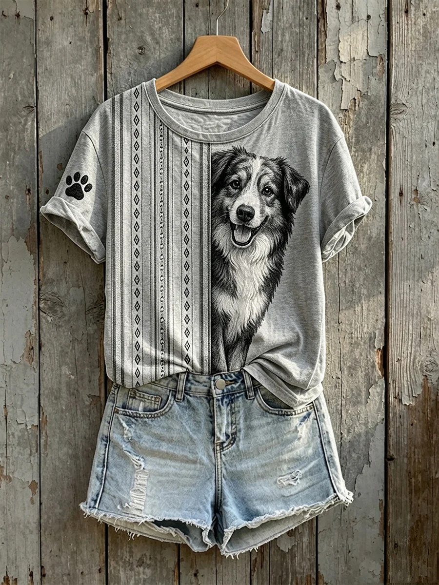 Women's Sheepdog Peeking Print Short-sleeved T-shirt