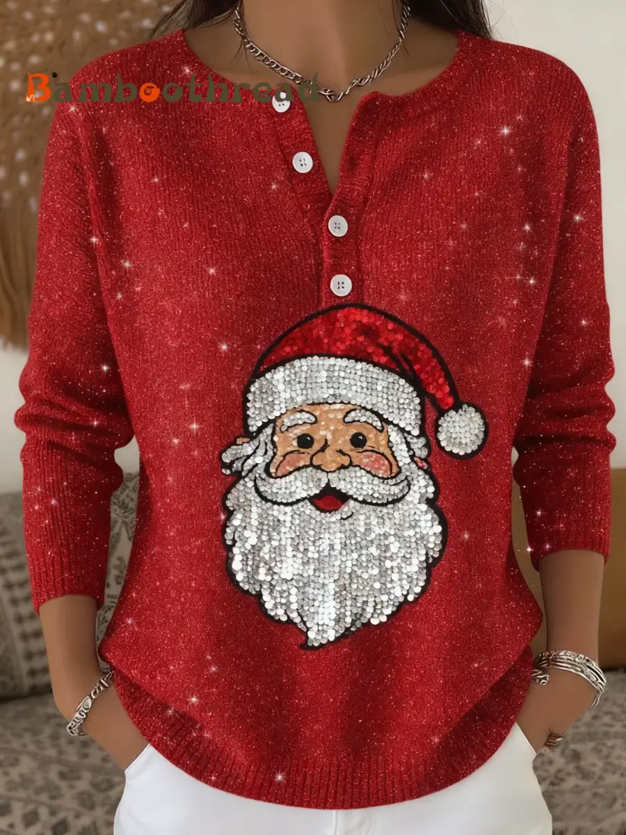 Women's Shiny  Christmas Print Henley Neck Color Sweater Top