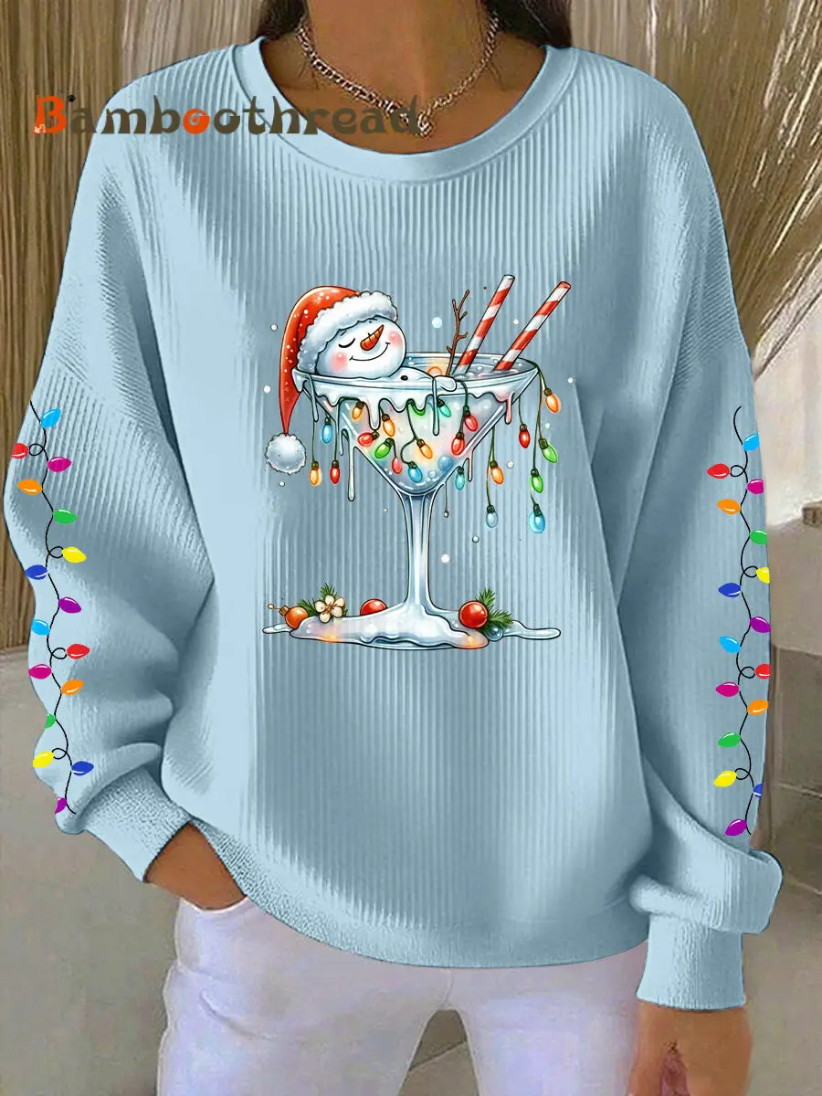 Women's Snowman Wine Glass Print Casual Sweatshirt - Image 2