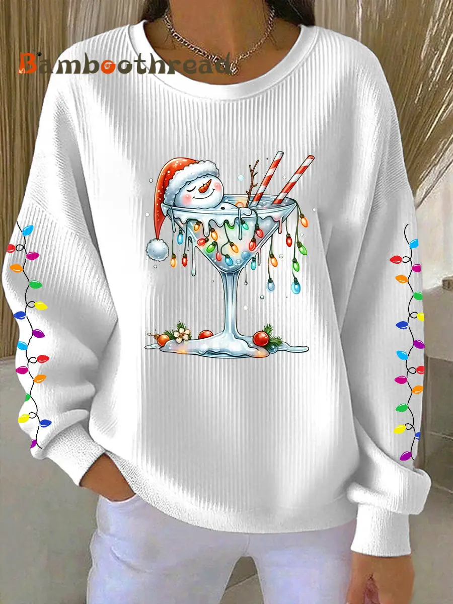 Women's Snowman Wine Glass Print Casual Sweatshirt - Image 3
