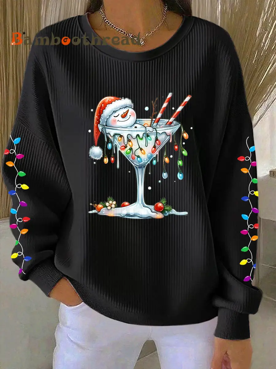 Women's Snowman Wine Glass Print Casual Sweatshirt - Image 4