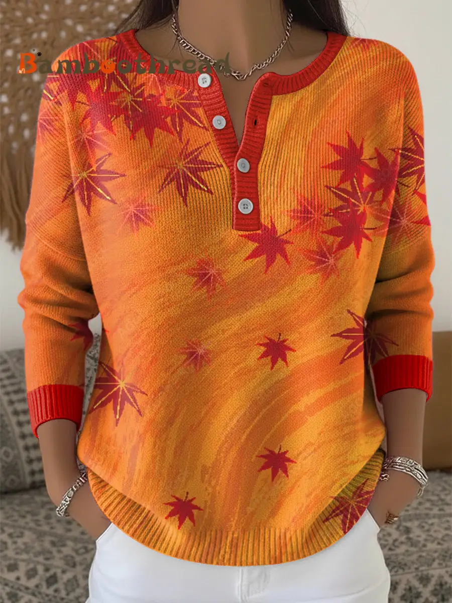 Women's Thanksgiving Abstract Art Maple Leaf V-Neck Top