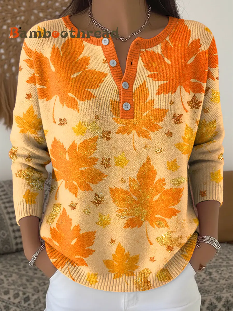 Women's Thanksgiving Abstract Maple Leaf Art V-Neck Top