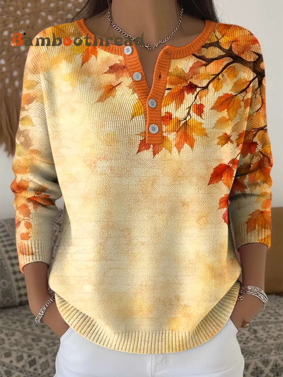 Women's Thanksgiving Abstract Maple Leaf Texture Art V-Neck Top