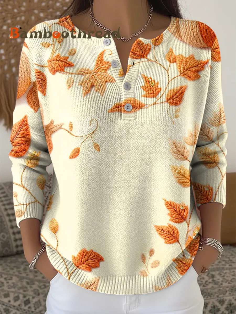 Women's Thanksgiving Autumn Leaf Art V-Neck Sweater