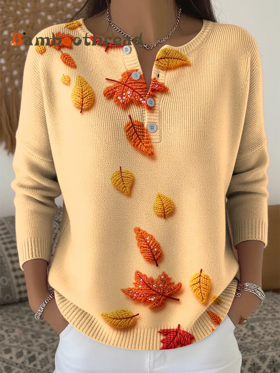 Women's Thanksgiving Autumn Leaf Art V-Neck Sweater