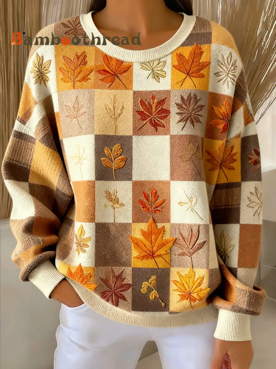 Women's Thanksgiving Autumn Leaf Geometric Round Neck Pullover