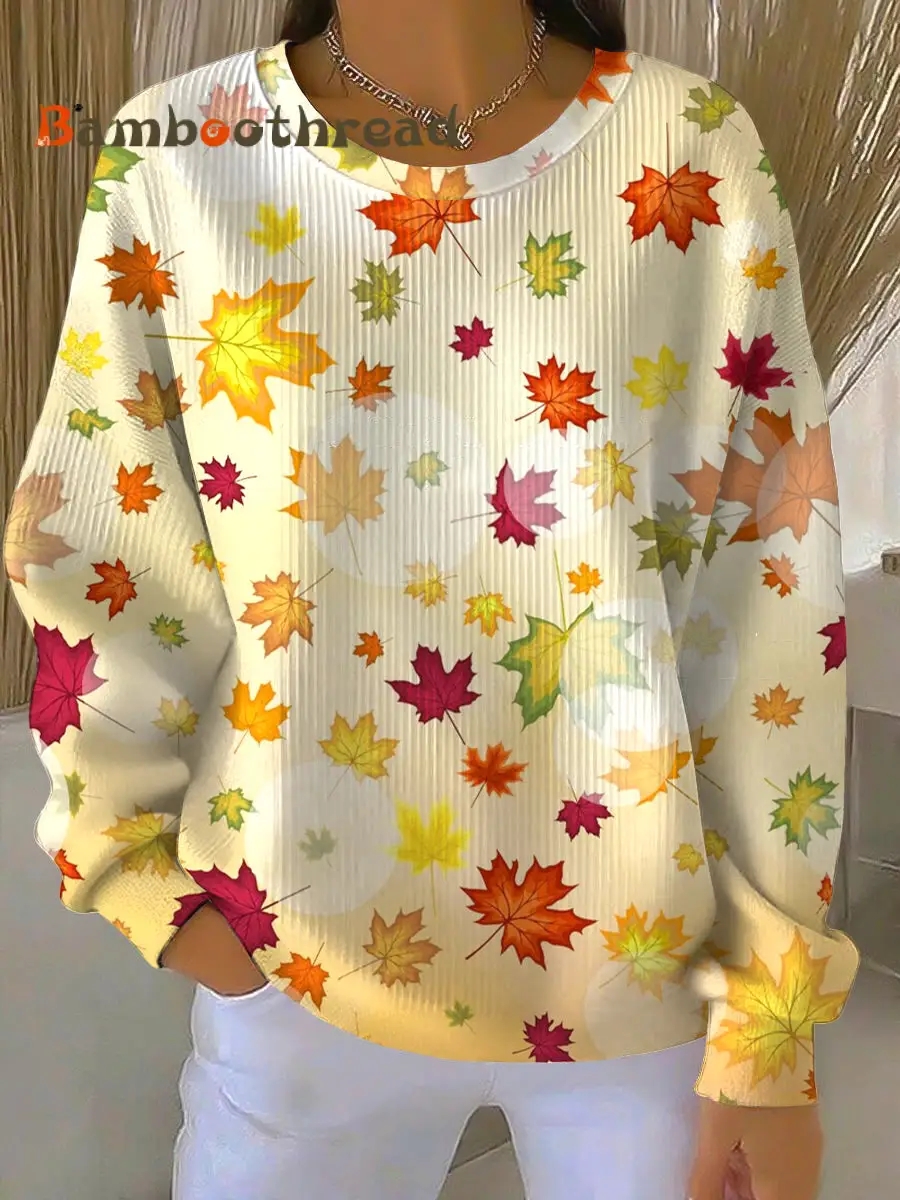 Women's Thanksgiving Colorful Maple Leaf Casual Crewneck Pullover