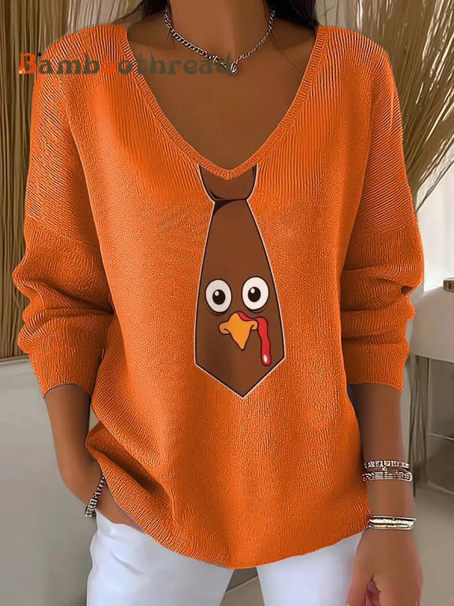 Women's Thanksgiving Funny Turkey Print V-Neck Top