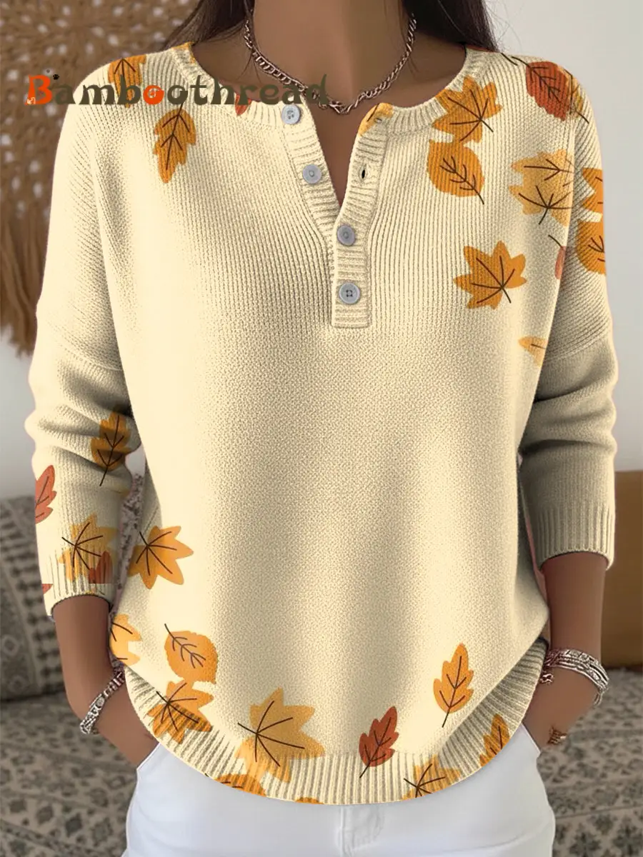 Women's Thanksgiving Gradient Maple Leaf Art V-Neck Sweater