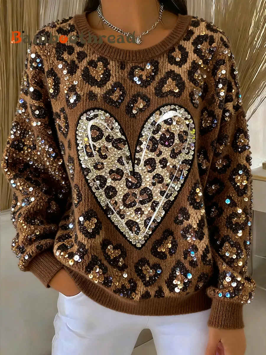 Women's Thanksgiving Leopard Print Heart Art Crew Neck Pullover