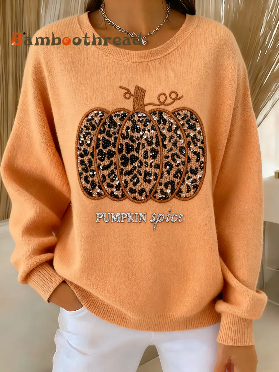 Women's Thanksgiving Leopard Print Pumpkin Art Crewneck Pullover
