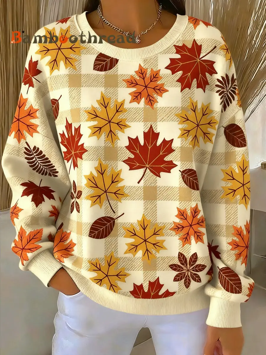 Women's Thanksgiving Maple Leaf Plaid Artistic Crewneck Pullover