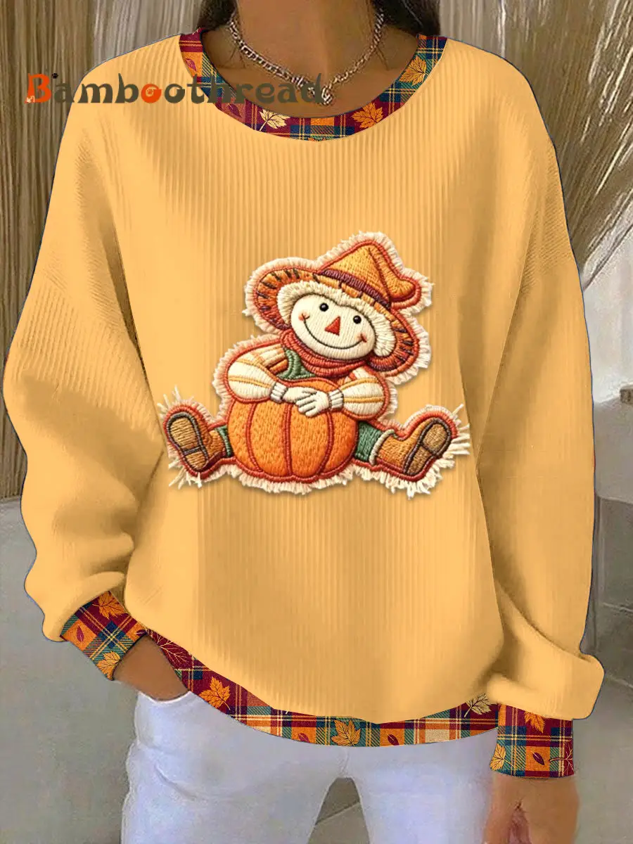 Women's Thanksgiving Patchwork Print Loose-Fit Crewneck Pullover