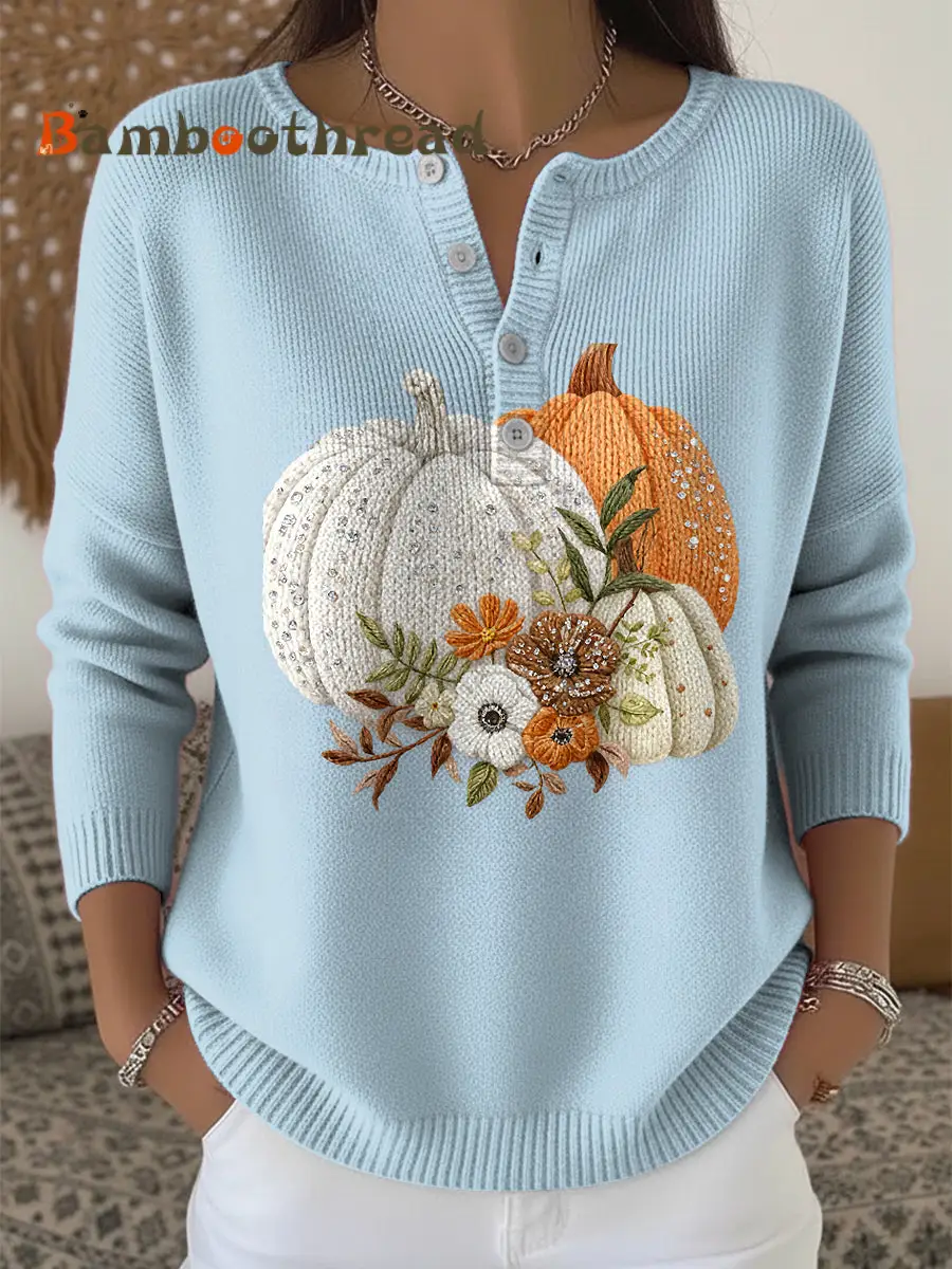 Women's Thanksgiving Pumpkin Floral Art V-Neck Sweater