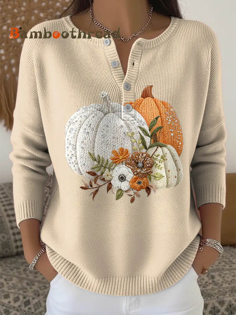 Women's Thanksgiving Pumpkin Floral Art V-Neck Sweater - Image 2