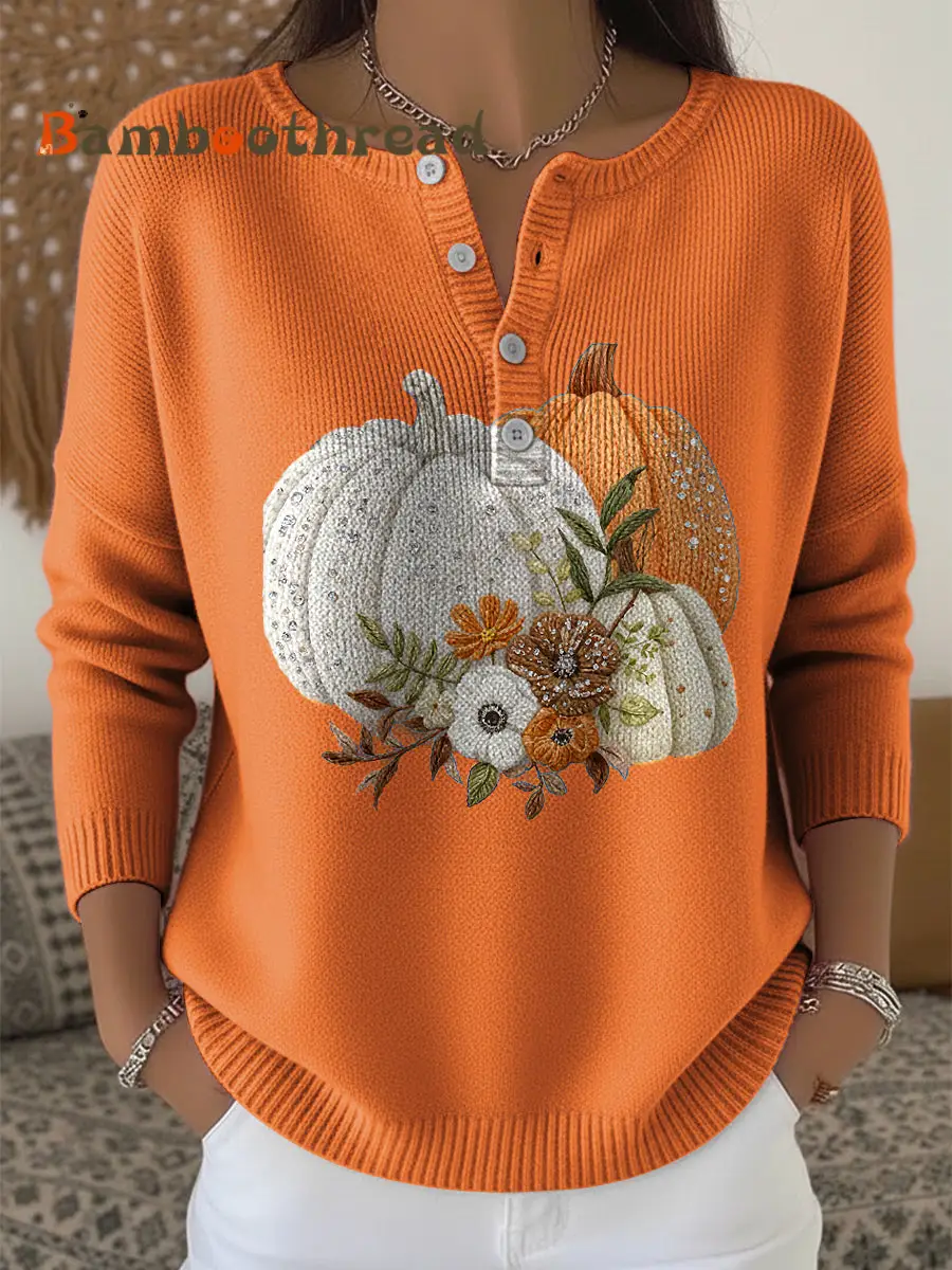 Women's Thanksgiving Pumpkin Floral Art V-Neck Sweater - Image 3