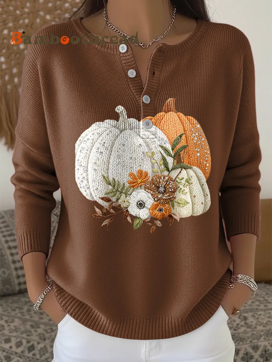 Women's Thanksgiving Pumpkin Floral Art V-Neck Sweater - Image 4