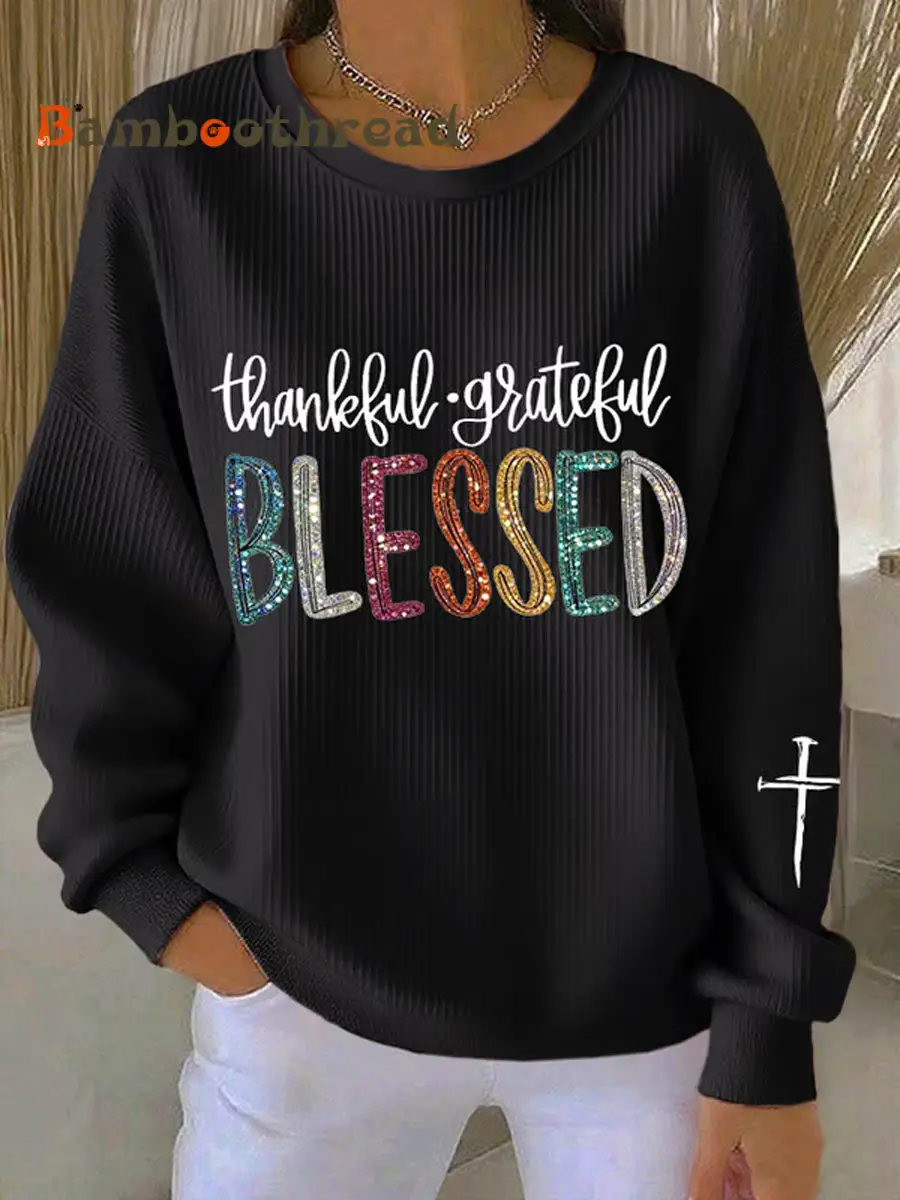 Women's Thanksgiving Thankful, Grateful, Blessed Print Ribbed Round-Neck Sweatshirt - Image 3