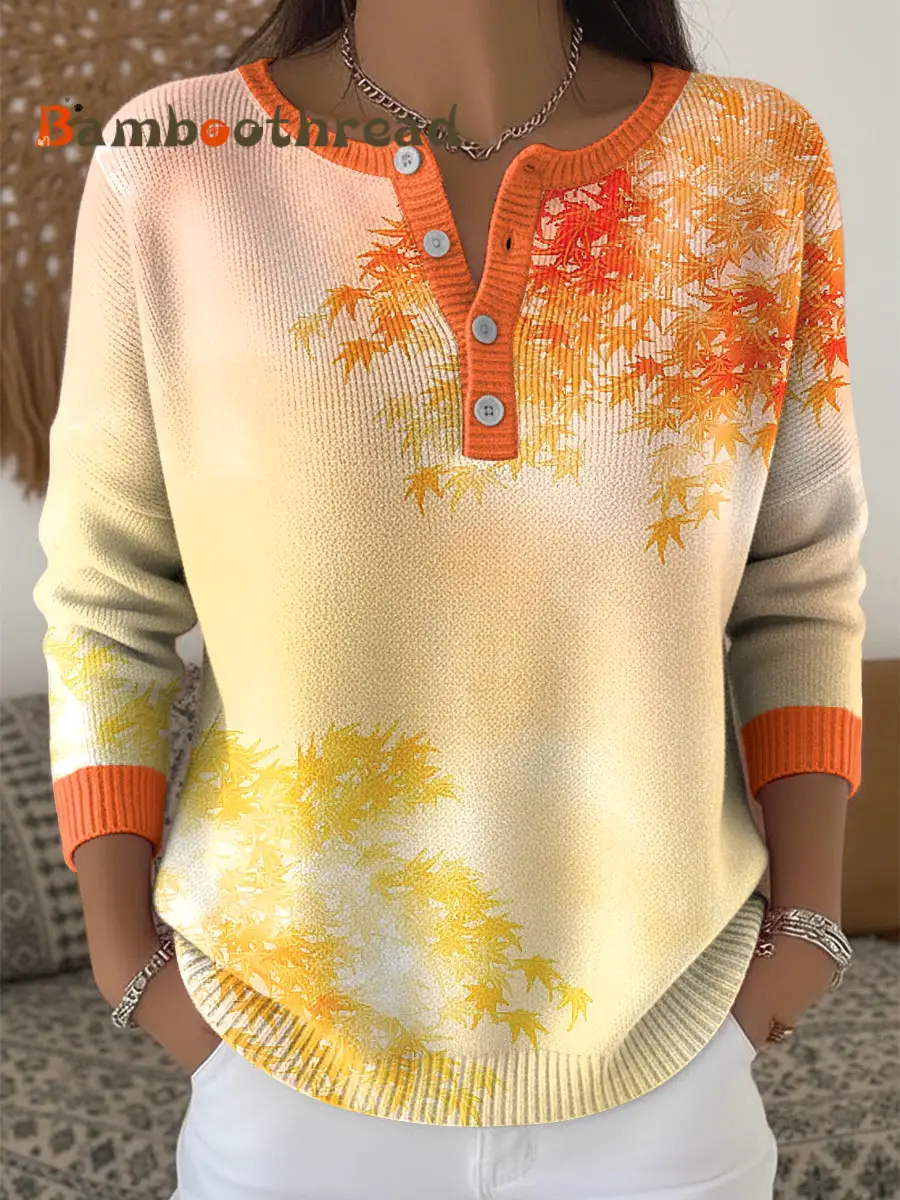Women's Thanksgiving Vintage Gradient Maple Leaf Art V-Neck Top