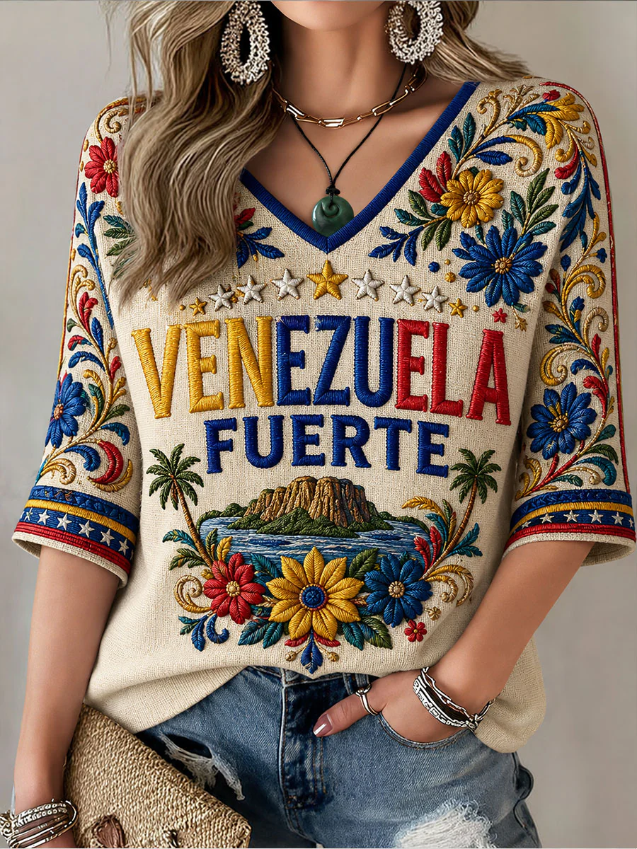 Women's Venezuela Fuerte Mid-length Sleeves V-Neck T-Shirt