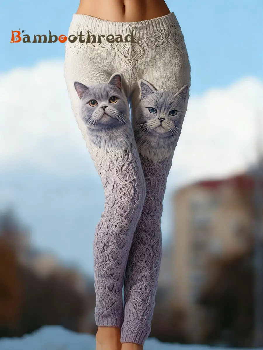 Women's Vintage Cat Art Knit Cozy Leggings