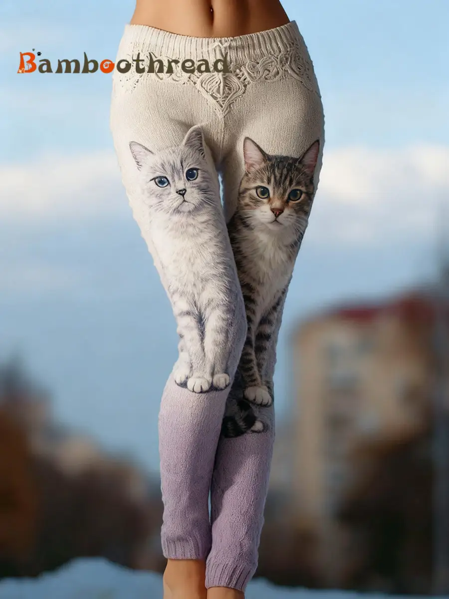 Women's Vintage Cat Art Knit Cozy Leggings