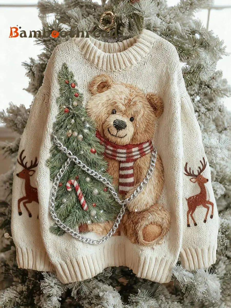 Women's Vintage Christmas Bear Tree Knitted Sweater