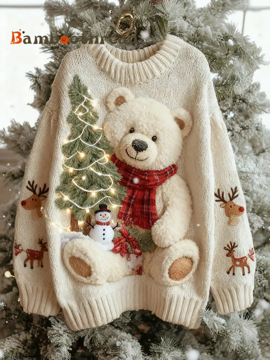 Women's Vintage Christmas Bear Tree Knitted Sweater