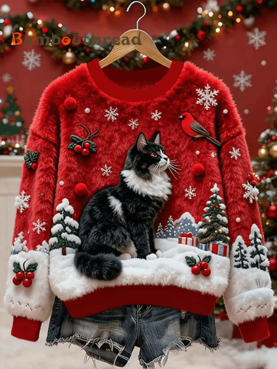 Women's Vintage Christmas Black Cat Printed Flannel Sweatshirt