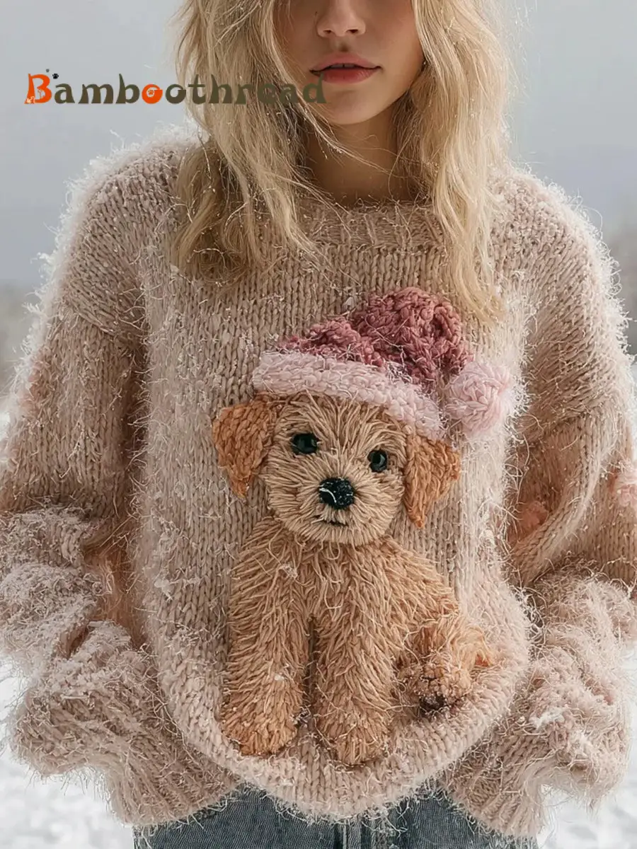 Women's Vintage Christmas Dog Art Knitted Sweater