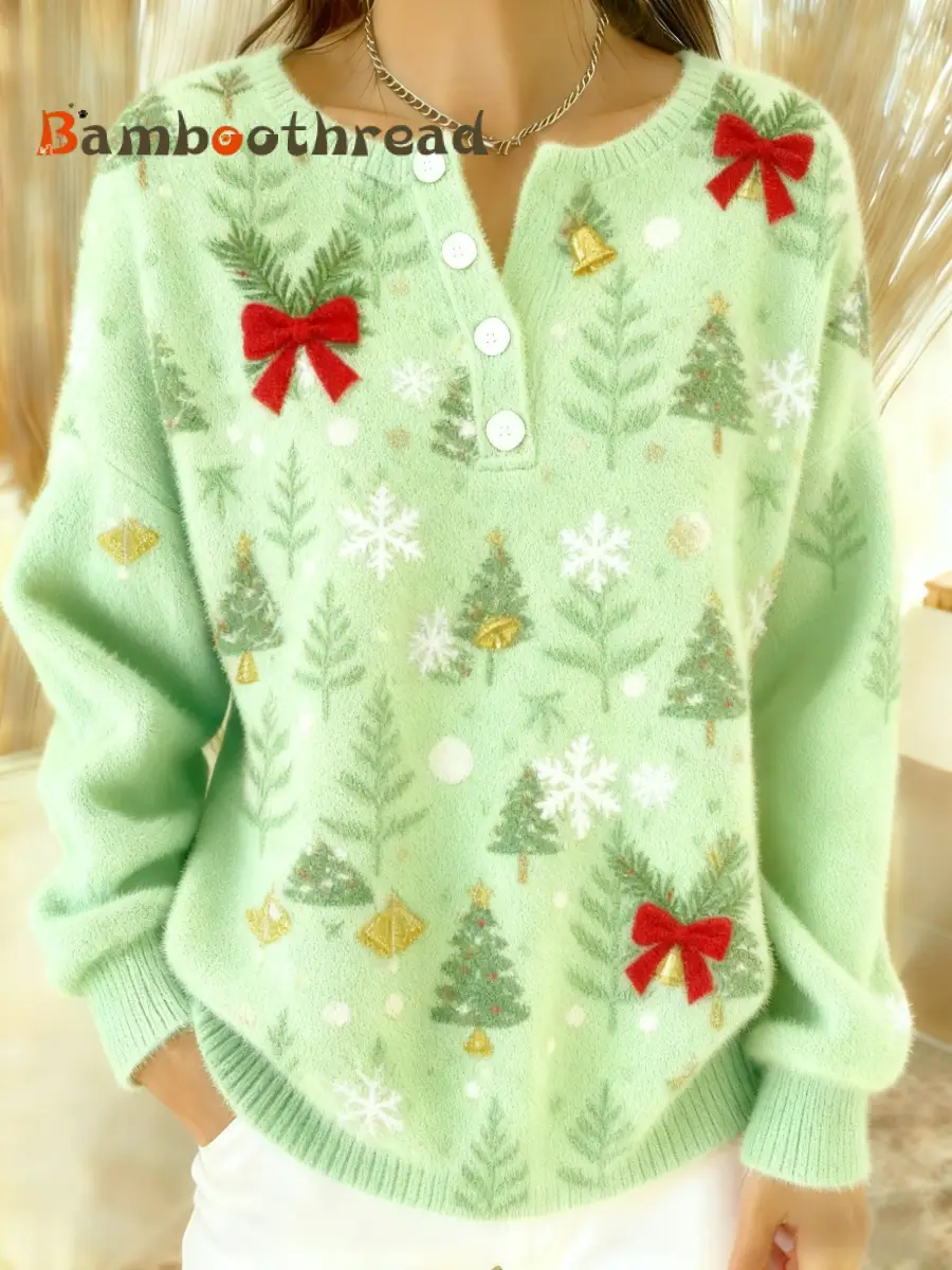 Women's Vintage Christmas Tree Bow Print Long-sleeve Sweater
