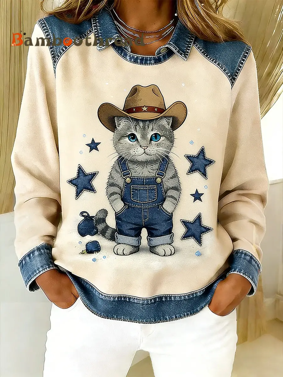 Women's Vintage Denim Patchwork Top With Animal Art Print, Casual And Comfortable