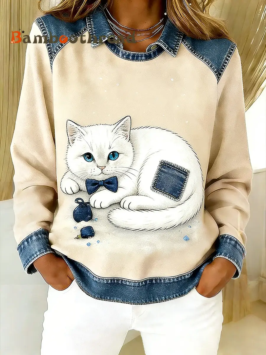 Women's Vintage Denim Patchwork Top With Animal Art Print, Casual And Comfortable