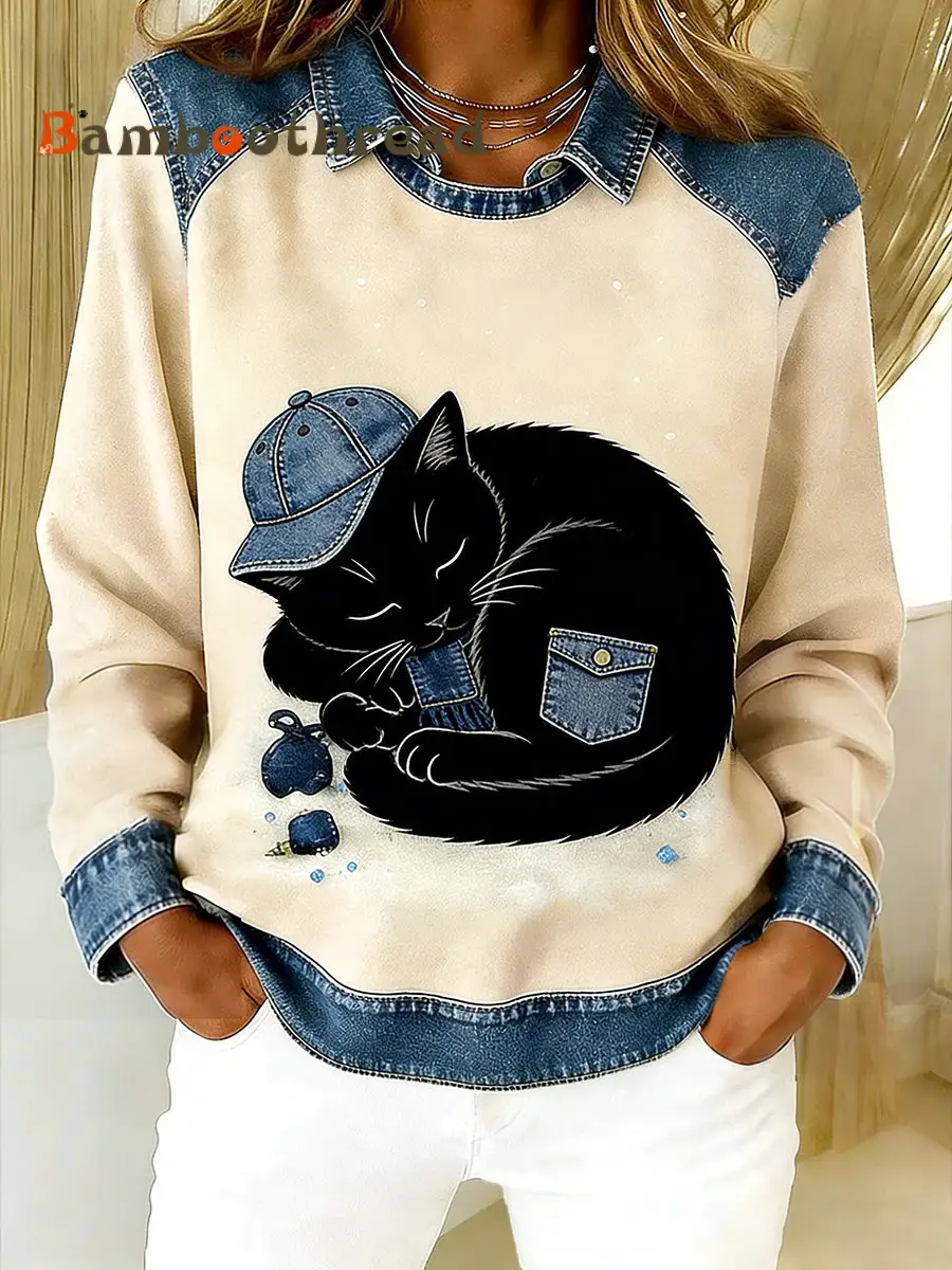Women's Vintage Denim Patchwork Top With Animal Art Print, Casual And Comfortable