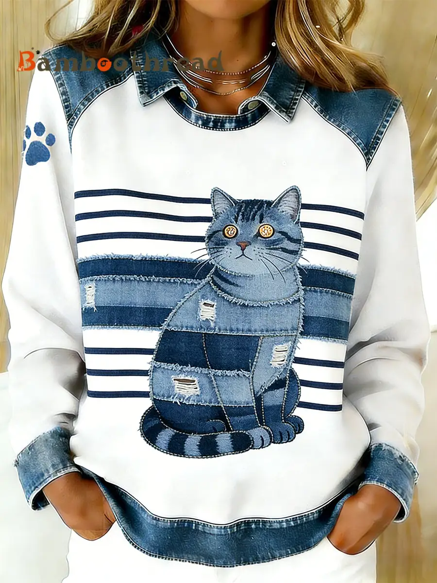 Women's Vintage Denim Patchwork Top With Animal Art Print, Casual And Comfortable