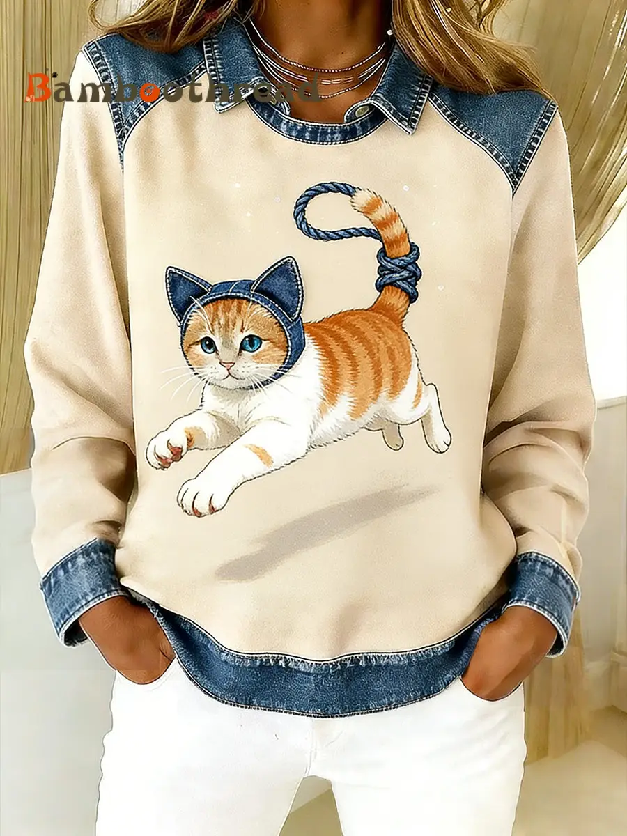 Women's Vintage Denim Patchwork Top With Animal Art Print, Casual And Comfortable