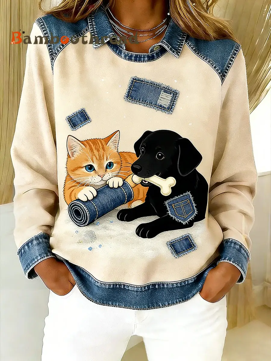 Women's Vintage Denim Patchwork Top With Animal Art Print, Casual And Comfortable