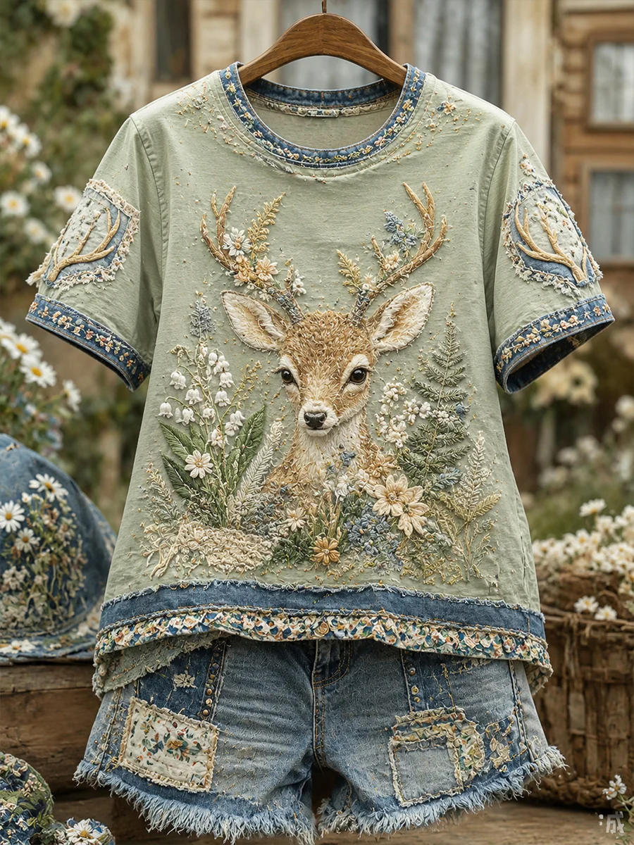 Women's Vintage Floral And Deer Collage Short-Sleeved T-Shirt