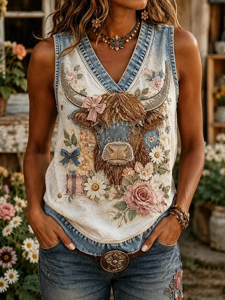 Women's Vintage Floral Highland Cow Collage Vest