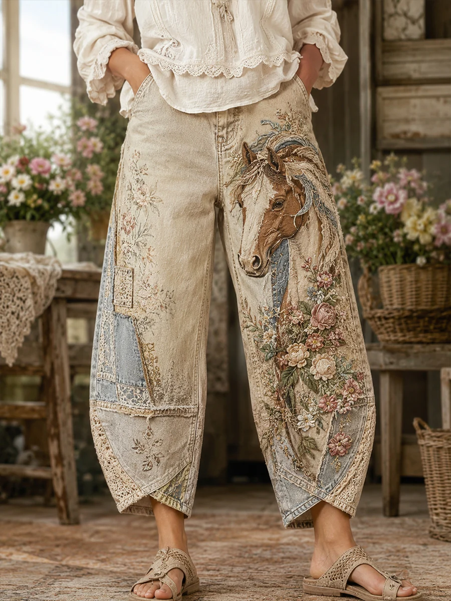 Women's Vintage Horse and Floral Collage Art Print Flared Trousers