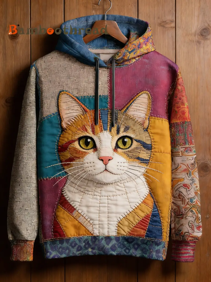 Women's Vintage Patchwork Cat Print Art Casual Hoodie