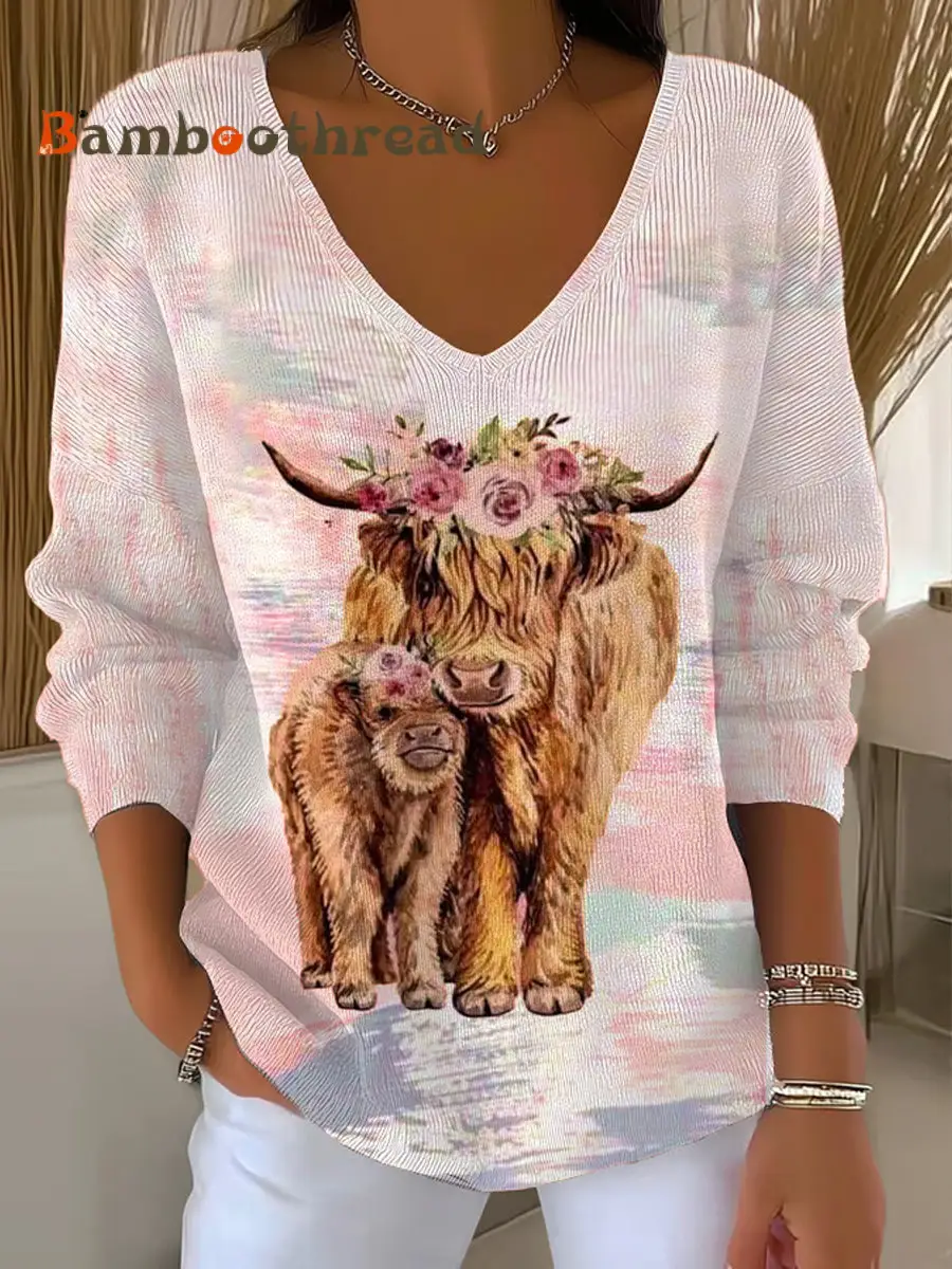 Women's West Highland Cow Print V-Neck Ribbed Top