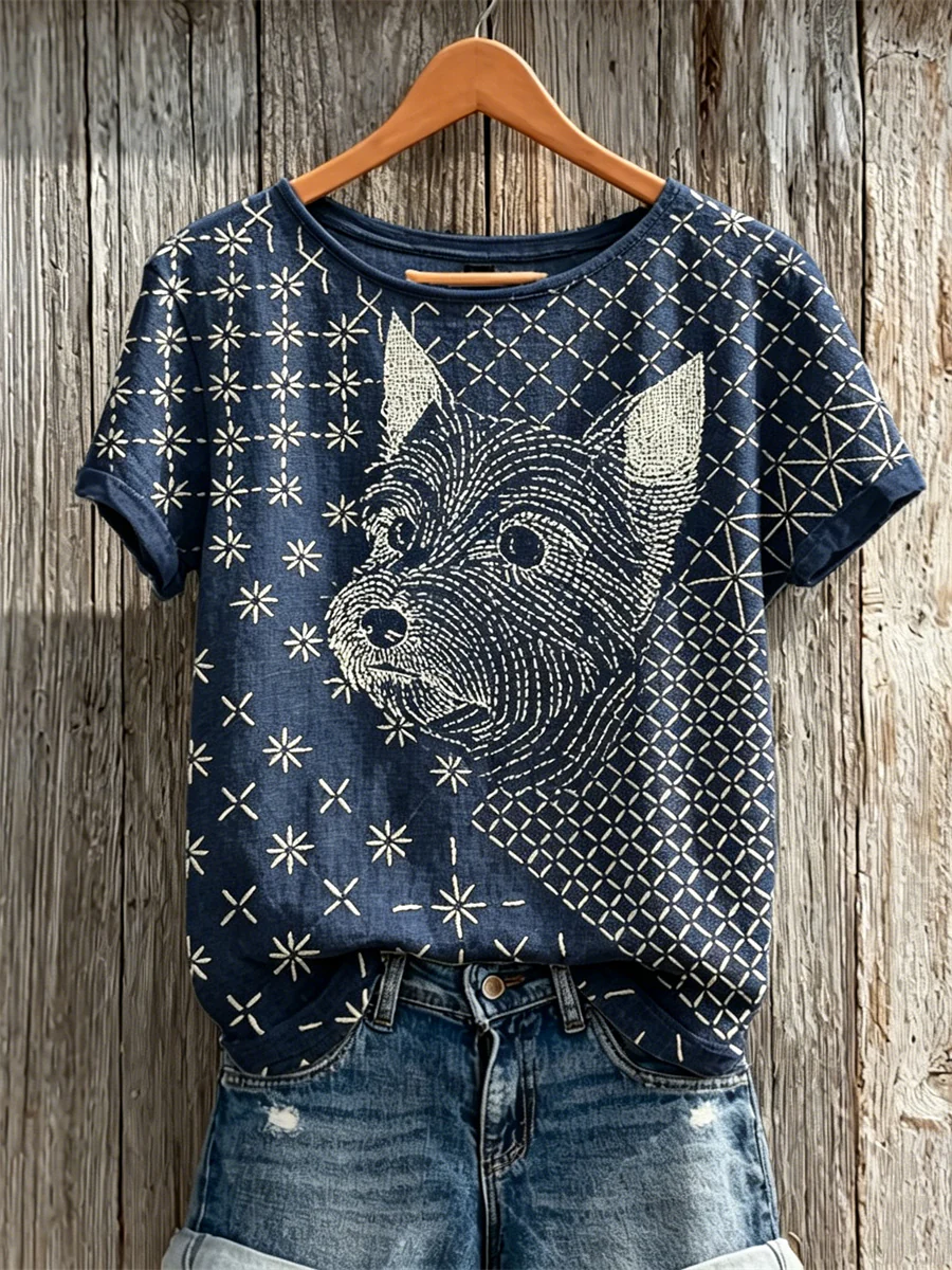 Women's YorkshireTerrier Dog Japanese Sashiko Art Print linen short-sleeved T-shirt