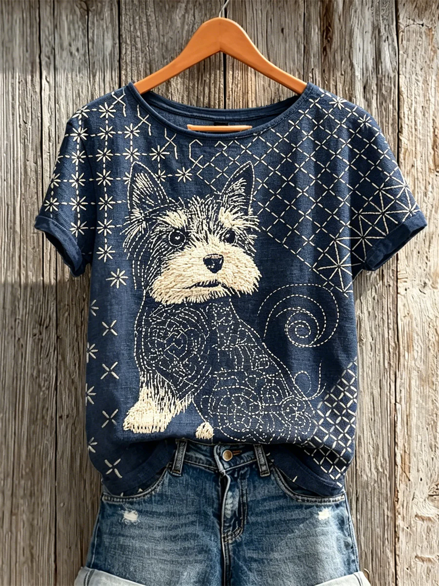 Women's YorkshireTerrier Dog Japanese Sashiko Art Print linen short-sleeved T-shirt